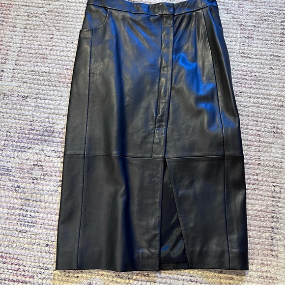 NWT All Saints Black Leather Midi Skirt w/ angular slit, pockets & front zipper - Picture 6 of 13